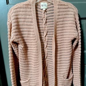 Pink Rose Cardigan with Pockets and Cable Knit Back